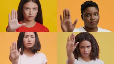 Dört kadın, canlı sarı bir arkaplan karşısında çeşitli duygu ve jestler sergiliyor, çeşitlilik ve ifadelerinde sözlü olmayan iletişimin gücünü gösteriyor..