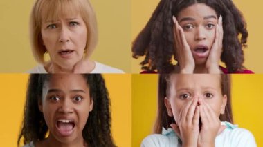 Dört birey, parlak sarı bir arka plana karşı ifade ve jestte çeşitlilik gösteren çeşitli duygular sergiliyor. Her insan dinamik pozlarda farklı duyguları yansıtır..