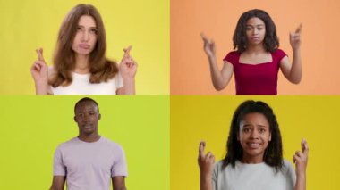 Dört çok ırklı insan, canlı arka planlara karşı yapılan jestlerle çeşitli duygular ifade eder. Her insan benzersiz duygular sergiliyor, çeşitliliği ve bağlantıyı vurguluyor.
