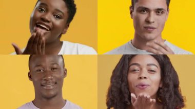 Canlı bir koleksiyonda, çeşitli duyguları jestlerle ifade eden dört kişi sergileniyor. Parlak sarı bir arkaplanda yakalanan bu görüntüler, çeşitliliğin ve bağlantının güzelliğini yansıtıyor..