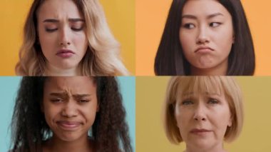 Dört kişi parlak arka planlara karşı bir dizi duygusal ifade sergiliyor..