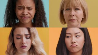 Dört birey renkli bir kolajda farklı duygular sergiliyor. Genç bir kız üzüntü gösterir, yaşlı bir kadın ise derin yansıtır..