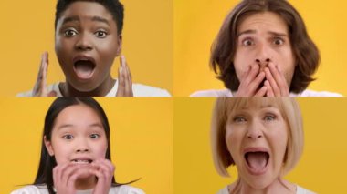 Dört farklı insandan oluşan bir kolaj parlak sarı bir arka plana karşı şok ve şaşkınlık ifade ediyor. Her birey, tepkilerde çeşitlilik gösteren eşsiz jestler ve duygular sergiler..