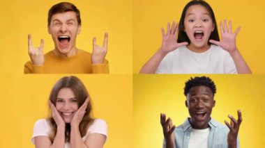 Dört arkadaş sevinçle bir duygu spektrumu sergilerken yakalanır. Parlak sarı arka plan, mutluluk ve coşku ifadelerini artırarak enerjik bir atmosfer yaratıyor..