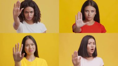 Çeşitli geçmişlerden bir grup kadın değişik duygu ve jestler sergiliyor. Her kişi canlı sarı arkaplanlara onay ya da onay vermez..