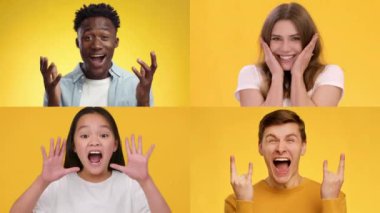 Dört birey canlı sarı bir zemin karşısında heyecan ve mutluluğu ifade ediyor, neşeli jestler ve bulaşıcı duygular sergiliyor. Her insan kutlamaya eşsiz bir yaklaşım sergiliyor..