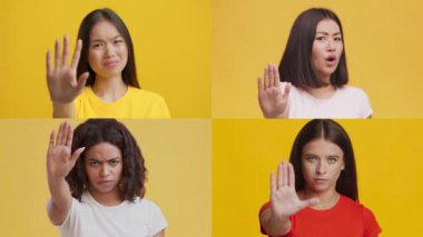 Parlak sarı bir arka planda el hareketleriyle farklı duygular gösteren dört bayanın kolajı. Dur hareketi yapan kadınlar