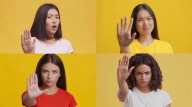 Dört farklı kadın, parlak sarı bir arka planda el hareketleriyle çeşitli duygular ifade ediyor..