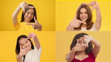 Farklı geçmişlere sahip dört kişi sarı bir arkaplan önünde el hareketleri yapıyor. Her birey mutluluk ve yaratıcılık duygularını sergiler, çeşitliliği ve birlikteliği vurgular..