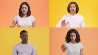 Farklı geçmişlerden dört kişi çeşitli duygular sergiliyor. Her insan parlak arka planlara karşı el hareketlerini ve yüz ifadelerini kullanır, çeşitliliği ve bağlantıyı gösterir.