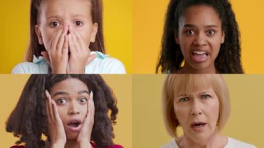 Dört birey, günlük hayatta çeşitliliği ve insan ifadelerinin zenginliğini temsil eden, parlak sarı bir arka planda çeşitli duygusal tepkiler sergiliyor..