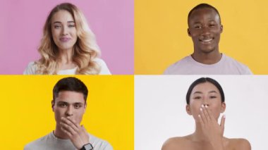 Dört bireyden oluşan bir kolaj canlı arka planlara karşı çeşitli duygular sergiliyor. Her kişi benzersiz jestler ve ifadeler sergiler, çeşitliliği ve bağlantıyı vurgular.