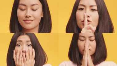 Parlak sarı bir arka plana karşı çeşitli duygusal jestler sergileyen çok ırklı bir grup. İfadeler, sevinçten sürprize kadar birçok duyguyu yansıtır..