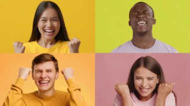 Dört farklı bireyden oluşan canlı bir kolaj bir dizi olumlu duygu sergiliyor. Her insan mutluluğu ve bağlantıyı vurgulayarak farklı renklerde neşe gösterir..