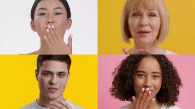 Parlak bir arkaplanda, dört bireyden oluşan farklı bir grup, jest ve ifadeler yoluyla çeşitli duygular sergiliyor, eşsiz arkaplanlarını ve yaşam tarzlarını vurguluyor..