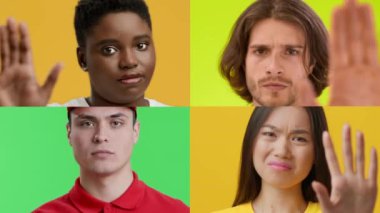 Değişik duygular gösteren farklı bireylerden oluşan bir grup canlı sarı ve yeşil arka planlara karşı el hareketleriyle.