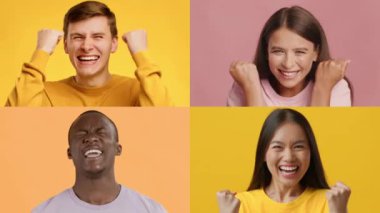 Dört birey gülücükler ve muzaffer jestlerle neşeli duygular sergiliyor. Canlı arka planlar, onların neşelendirici ruhlarını artırıyor, çeşitliliğin gücünü gösteriyor..