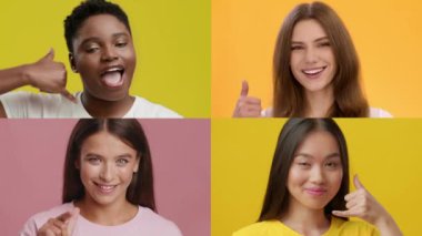 Renkli arka planlarda el kol hareketi yapan, başparmağını kaldıran ve bana jestler diyen çok kültürlü kadınlar.