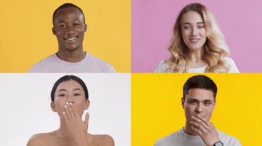 Farklı geçmişlere sahip dört kişi farklı duygular sergiliyor, her biri eşsiz bir jest yapıyor. Canlı arka planlar, ifadelerinin çeşitliliğini arttırır..