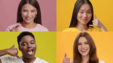 Dört birey mutluluğu ve pozitifliği renkli arka planlara karşı jestler ve gülümsemelerle ifade eder. Her insan bu canlı koleksiyonda eşsiz özellikler ve duygular sergiliyor..