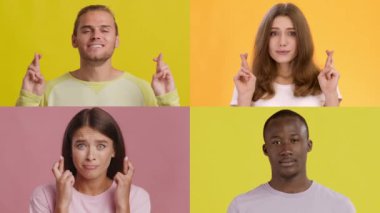 Çeşitli bireylerden oluşan bir derleme, yaratıcı bir grup aktivitesi sırasında, her birinin parmakları çapraz sarı, pembe ve turuncu renkli arka planlara sahip çeşitli duygu ve jestler sergiliyor..