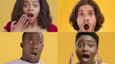 Dört kişi, parlak sarı bir arkaplan karşısında değişik jestler ve yüz ifadeleriyle şaşkınlıklarını dile getiriyor. Değişik geçmişleri, görünmeyen bir olaya karşı bir dizi duygu ve tepkiyi vurguluyor..