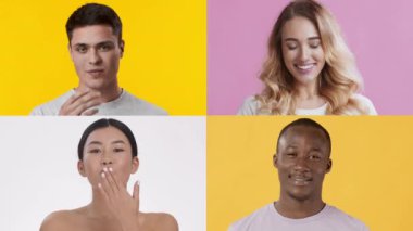 Çeşitli bireyler çeşitli duygusal ifadeler sergiliyor. Her insan kendine has jestlerini ve duygularını vurgulayan canlı, sağlam bir arkaplan üzerine kuruludur..