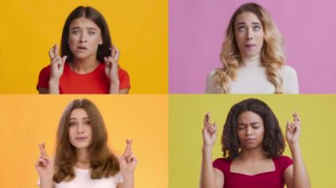 Dört kadın, parlak renkli geçmişlerine karşı çeşitli duygu ve jestler sergiliyor. Her insan eşsiz ifadeler sergiler, umut dolu.