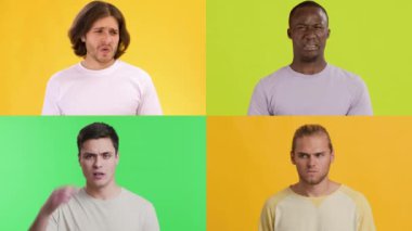 Dört kişi, parlak sarı ve yeşil arka planlara karşı çeşitli duygular sergiliyor. Her insan eşsiz, değişik duygular ve ifadeler sergileyen bir düzende hareket eder..