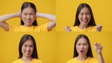 Parlak sarı arka planda bir kadının dört farklı ifadesini gösteren bir kolaj. Duygular hayal kırıklığından neşeye, insan duygularının çeşitliliğini vurguluyor..