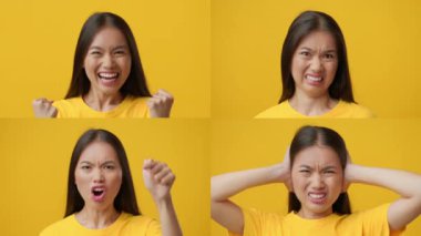 Parlak sarı bir arkaplan karşısında farklı duygular gösteren dört kişilik bir grup..