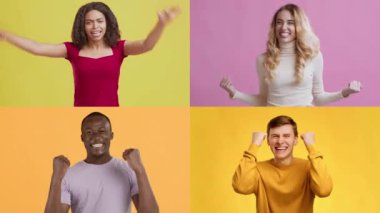 Canlı bir kolaj, farklı duygular gösteren dört bireyi gösteriyor. Her insan renkli, soyutlanmış arka planlara karşı durur. Hareketleri ve gülümsemeleriyle neşe ve pozitiflik saçar..