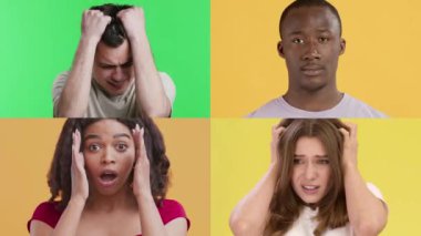 Farklı geçmişlerden dört kişi parlak ve renkli geçmişlerine karşı çeşitli duygusal ifadeler sergiliyor..