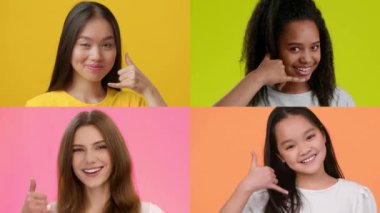 Çeşitli arka planlardan neşeli bireylerin canlı renkli arkaplanlara karşı olumlu jestler yapması..