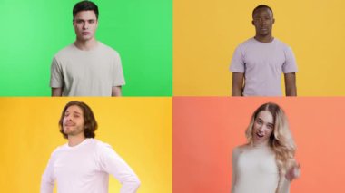 Dört birey, canlı renkli arka planlara karşı yapılan jestlerle çeşitli duygular sergiliyor. Bu koleksiyon insan ifadelerindeki çeşitliliği temsil eder..