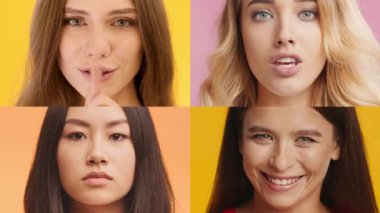 Dört kadın, parlak ve renkli geçmişlerine karşı belirgin jestler yaparak duygularının bir yelpazesini sergiliyor. Her bir temsil kendi bireyselliğini ve farklı geçmişlerini vurgular.