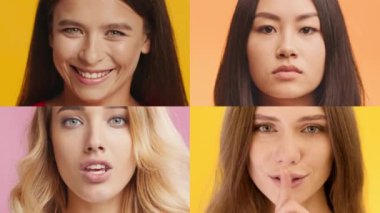 Değişik geçmişlere sahip dört kadın yüz ifadeleri yoluyla çeşitli duygular sergiliyor. Her bölüm renkli arka planlara karşı eşsiz jestleri vurguluyor, çeşitliliği vurguluyor.