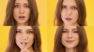 Çok ırklı bireylerden oluşan bir derleme, canlı sarı bir arkaplan karşısında çeşitli duygular ifade ediyor. Her insan farklı jestler sergiler, eşsiz duygular sergiler..