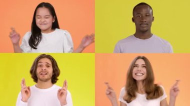 Çeşitli bireylerden oluşan bir kolaj parlak turuncu ve sarı arkaplanlara karşı neşeli ifadeler ve el hareketleri sergiliyor..