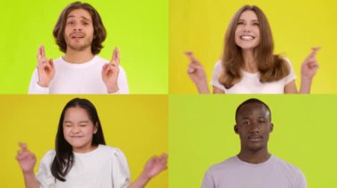 Bir kolaj, çeşitli duyguları jestler yoluyla sergileyen çeşitli bireyler grubunu içerir. Herkes canlı sarı bir arka plana karşıdır.