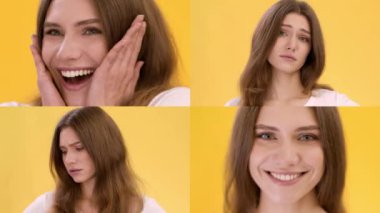 Bir kadın, mutluluktan içselliğe geçiş yapan, parlak sarı bir arka planda çeşitli duygular sergiler. İfadeleri, insan duygularının karmaşıklığını görsel olarak çekici bir şekilde yansıtıyor..