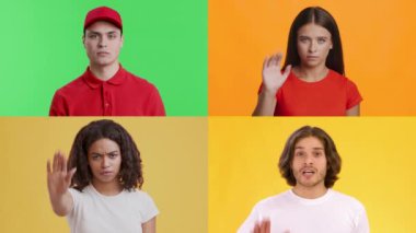 Çeşitli bireylerden oluşan bir derleme, parlak arka planlara karşı yapılan jestlerle çeşitli duygular ifade eder. Her insan eşsiz duygular gösterir.