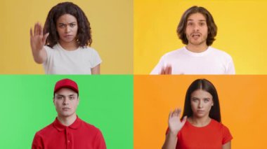 Çeşitli bireylerden oluşan bir grup, parlak ve renkli arka planlara karşı çeşitli duygular ve el hareketleri sergiliyor. Her insan eşsiz bir duygu taşır, dinamik ve çekici bir görüntü yaratır..