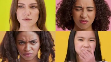 Dört farklı insan parlak arka planlara karşı çeşitli duygular gösteriyor. Her ifade farklı duyguları yansıtır, duygular ve insan ilişkileri üzerine farklı perspektifleri vurgular..