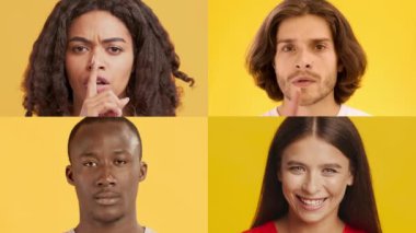 Farklı arkaplanlardan dört kişi, parlak sarı bir zemin karşısında çeşitli duygu ve jestler sergiliyor, birlik ve güzellik sergiliyor.