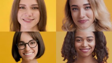 Her biri benzersiz saç stilleri ve neşeli ifadeler sergileyen dört genç kadının canlı gösterisi. Parlak sarı arka plan onların kişiliklerini ve çekiciliğini arttırır..