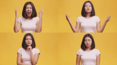 Bir kadın, parlak sarı bir arka plana karşı neşe, kafa karışıklığı, dalgınlık ve hayal kırıklığı gibi çeşitli duygular gösterir. Bu canlı tasvir duygusal ifadelerdeki çeşitliliği vurgular.