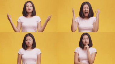 Bir dizi duyguyu gösteren çeşitli yüzler. Dört farklı ifade, dinginlik, hayal kırıklığı, üzüntü ve canlı sarı bir arkaplanda tefekkür hissini iletir..