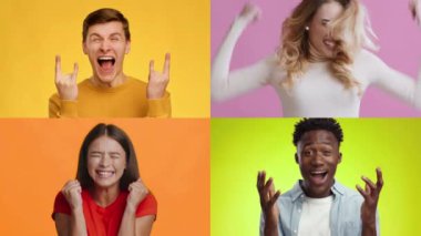 Mutluluk ve heyecan da dahil olmak üzere, enerjilerini arttıran parlak ve renkli arka planlara karşı çeşitli duygusal ifadeler sergileyen erkek ve kadınların yer aldığı bir kolaj..