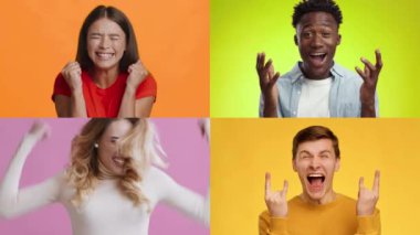 Bir kolaj, dört kişinin canlı arka planlara karşı güçlü duygular sergilemesini içerir..